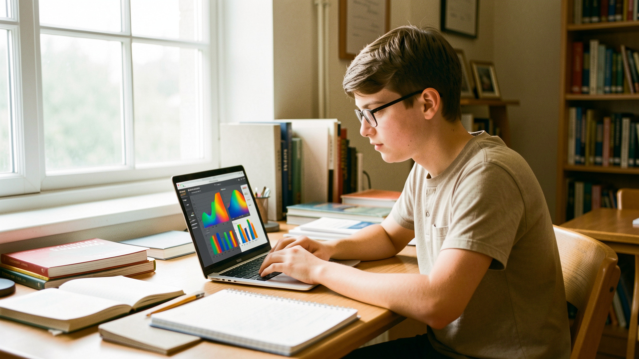 Un étudiant en classe préparatoire analyse un tableau de données abstrait sur un ordinateur portable, dans un espace de travail lumineux et studieux.