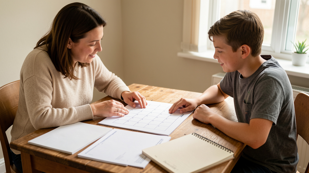 Une mère et son adolescent consultent ensemble un calendrier scolaire vierge à une table, entourés de documents de stage éducatif et d’un agenda, dans une lumière naturelle.