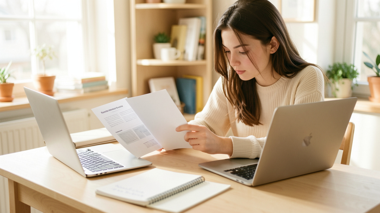 Jeune étudiante assise devant un bureau lumineux, avec des brochures ouvertes, un ordinateur portable et un carnet de notes.