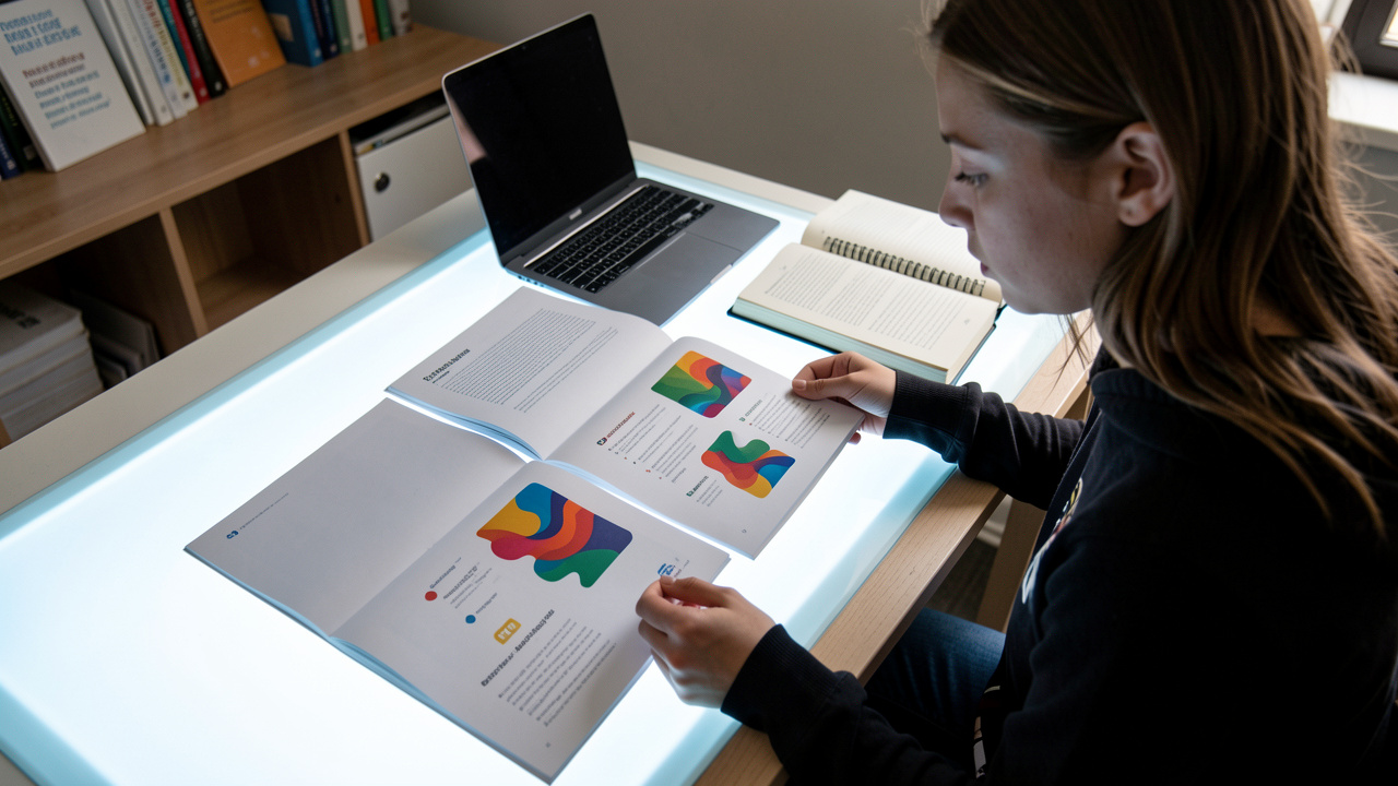 Une jeune étudiante compare des brochures vierges sur une table lumineuse, avec un ordinateur et un carnet ouverts à côté d’elle.