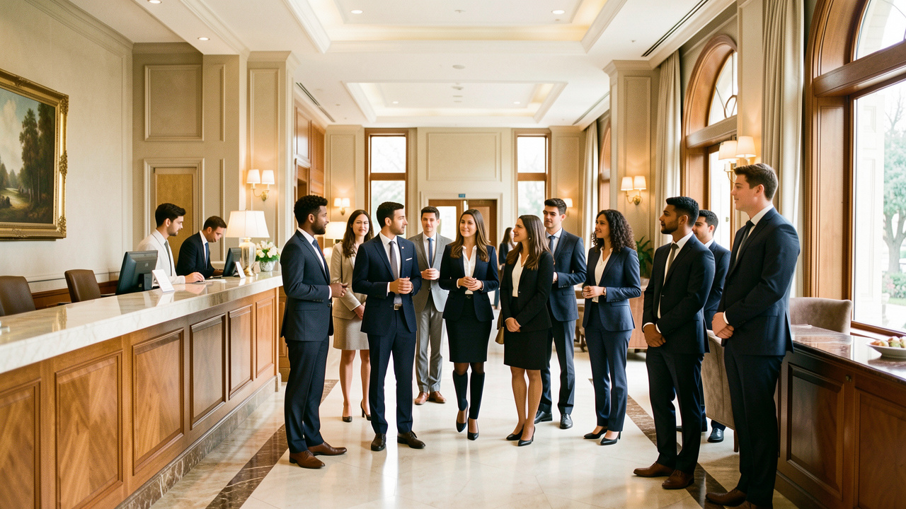 Un groupe diversifié d’étudiants en tenue professionnelle visite le hall lumineux et l’accueil raffiné d’un hôtel élégant.