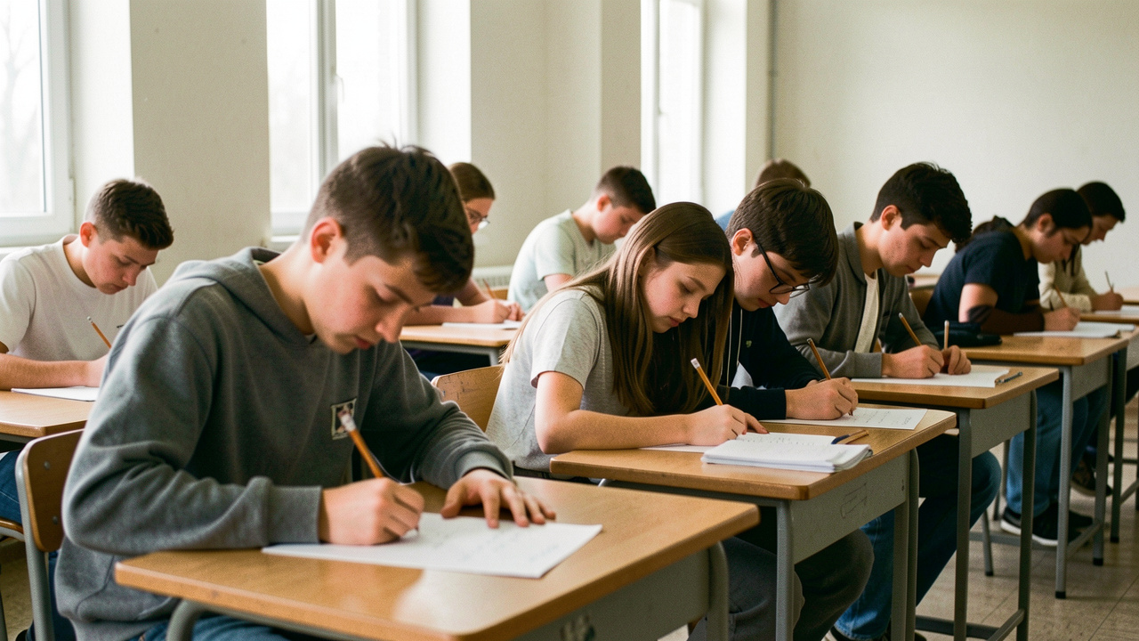 Des lycéens concentrés travaillent individuellement sur des problèmes de mathématiques dans une salle de concours calme et studieuse.