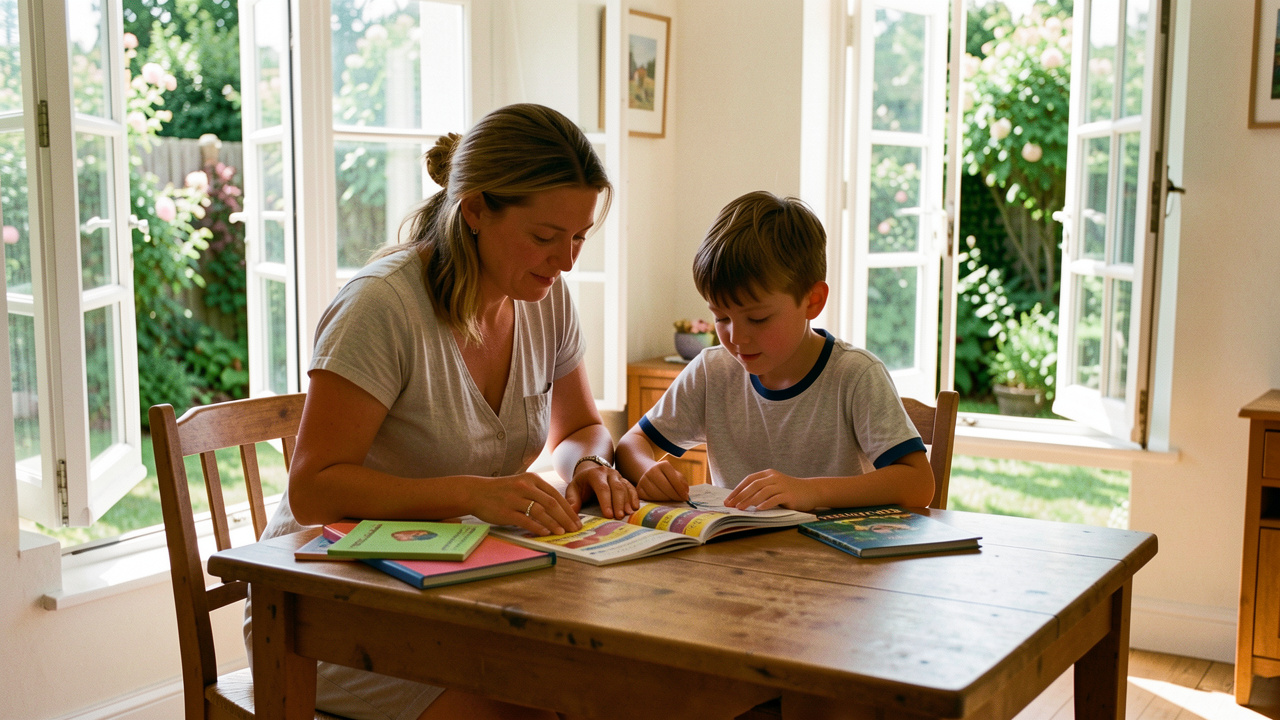 Une mère et son fils révisent calmement ensemble à une table en bois dans une maison lumineuse pendant les vacances d’été.