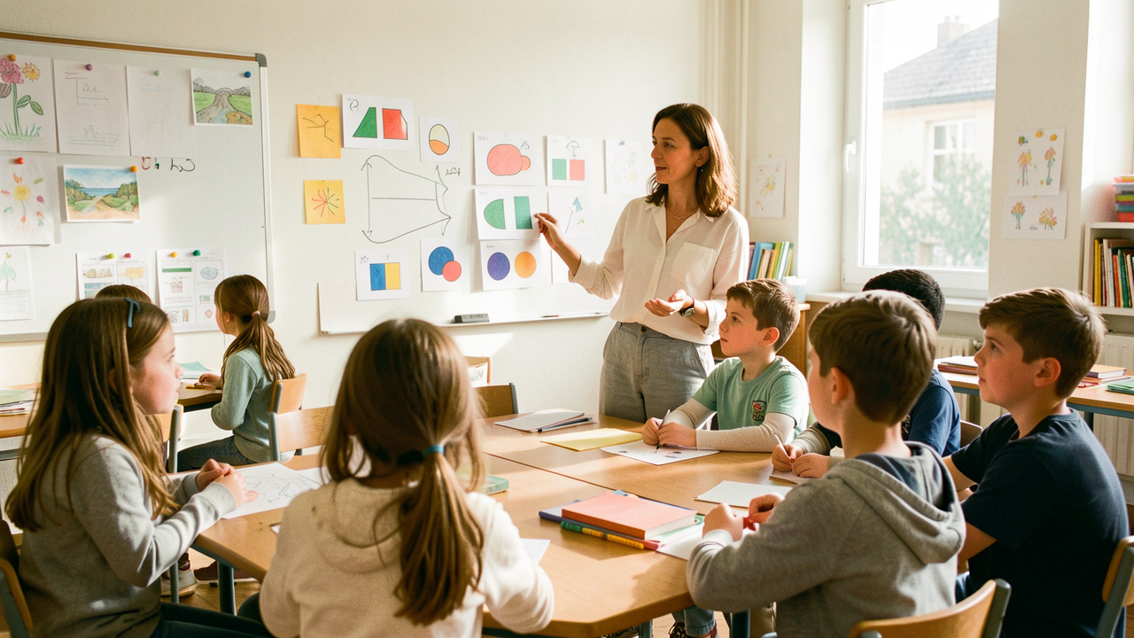 Une enseignante présente des supports visuels colorés à un groupe diversifié d’élèves attentifs dans une salle de classe française lumineuse et bienveillante.