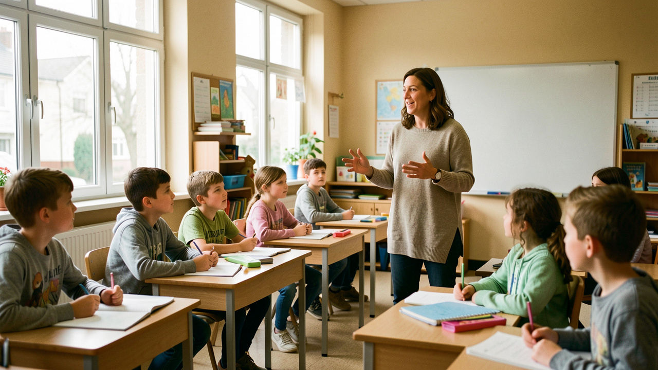 Une enseignante utilise la langue des signes française devant des élèves attentifs dans une salle de classe inclusive baignée de lumière naturelle.