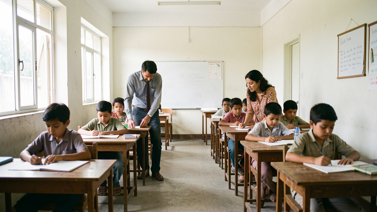 Une école publique reconstruite accueille un homme enseignant, une femme enseignante et des filles et garçons dans une salle de classe lumineuse.