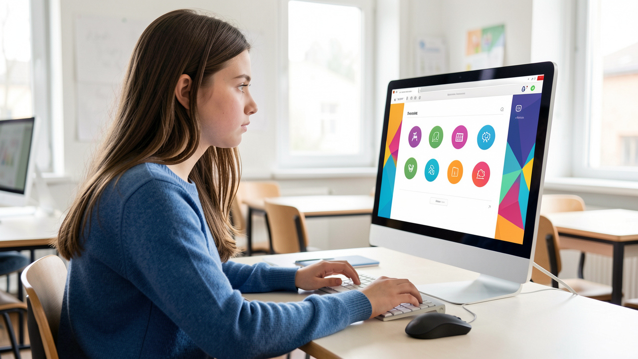 Une lycéenne concentrée travaille devant un ordinateur dans une salle de classe lumineuse, avec une interface abstraite de compétences numériques visible à l’écran.