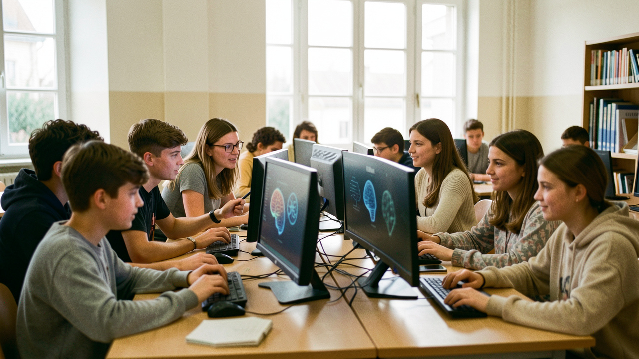 Une enseignante accompagne des collégiens divers devant des ordinateurs dans une salle de classe française contemporaine, éclairée par la lumière naturelle.