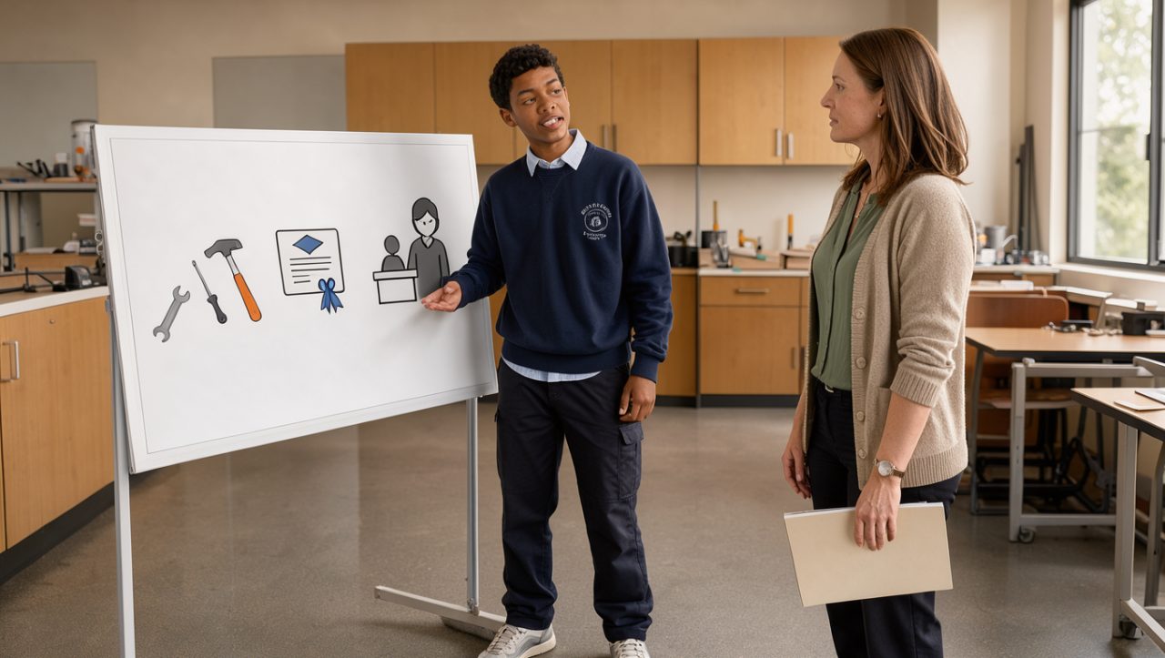 Un lycéen échange avec une conseillère d’orientation devant un tableau illustrant trois parcours de formation professionnelle dans une salle de classe lumineuse.