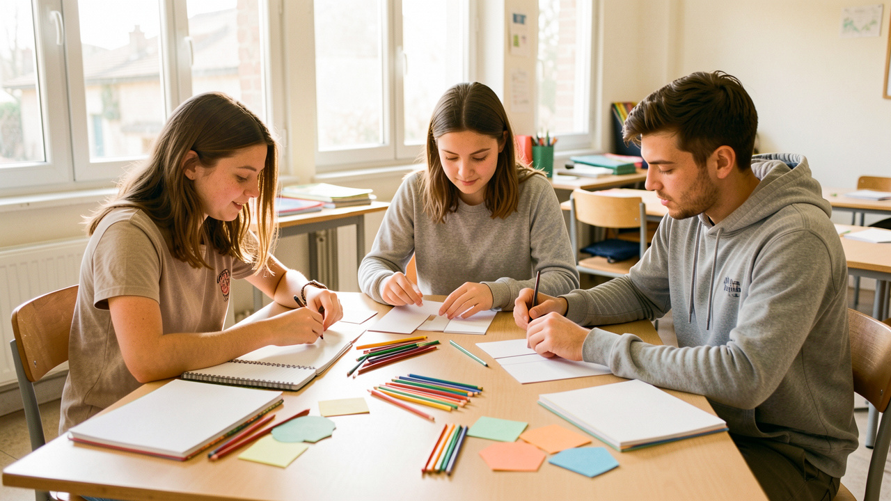 Deux étudiantes et un étudiant préparent ensemble des activités pédagogiques avec des cahiers, des cartes vierges et du matériel de classe dans une salle lumineuse à Agen.